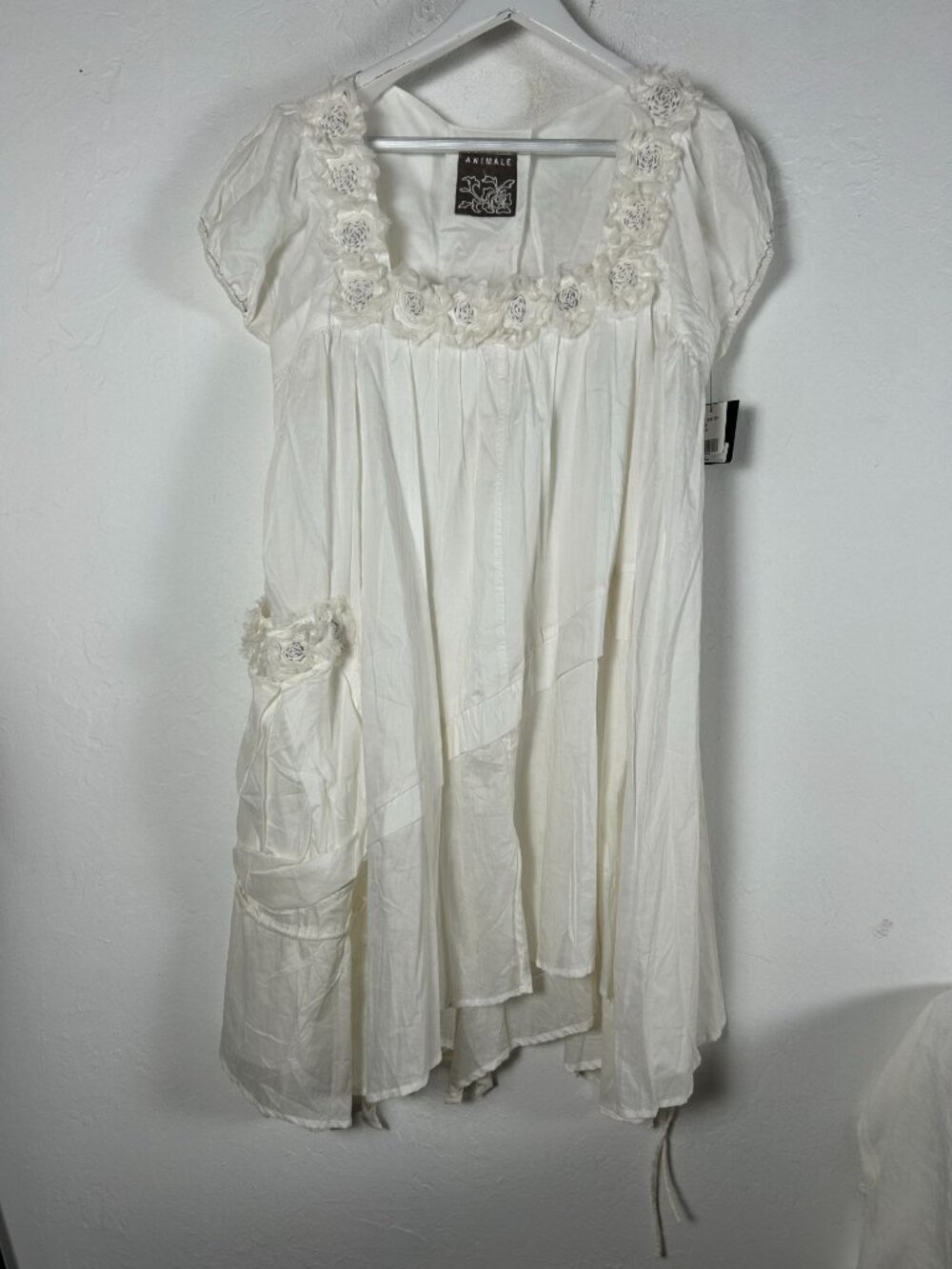 Animale Women White Floral Applique Babydoll Dress 12 Short Sleeve Boho New $182